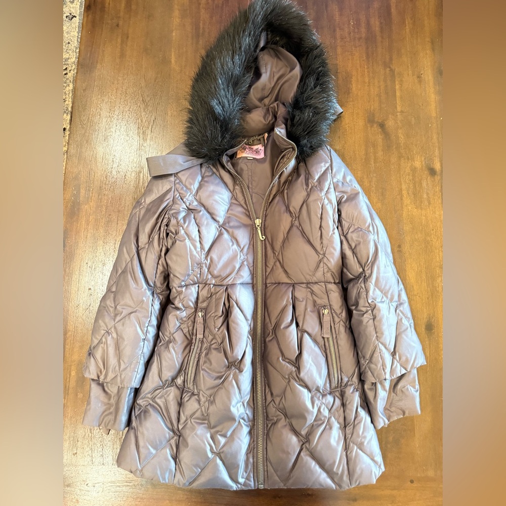 Juicy Couture Long Gray Puffer Coat with‎ Faux Fur Trim Hood
